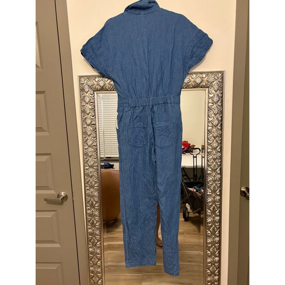 Zara Denim Linen Blend Wide Leg Jumpsuit Blue Short Sleeve Belted Medium d5